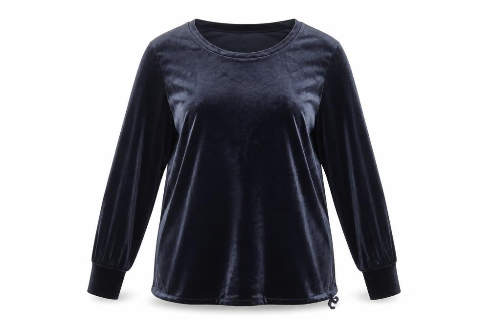 Front view of H&M MAMA Blue Velvet Long Sleeve Tunic Blouse, size 12
