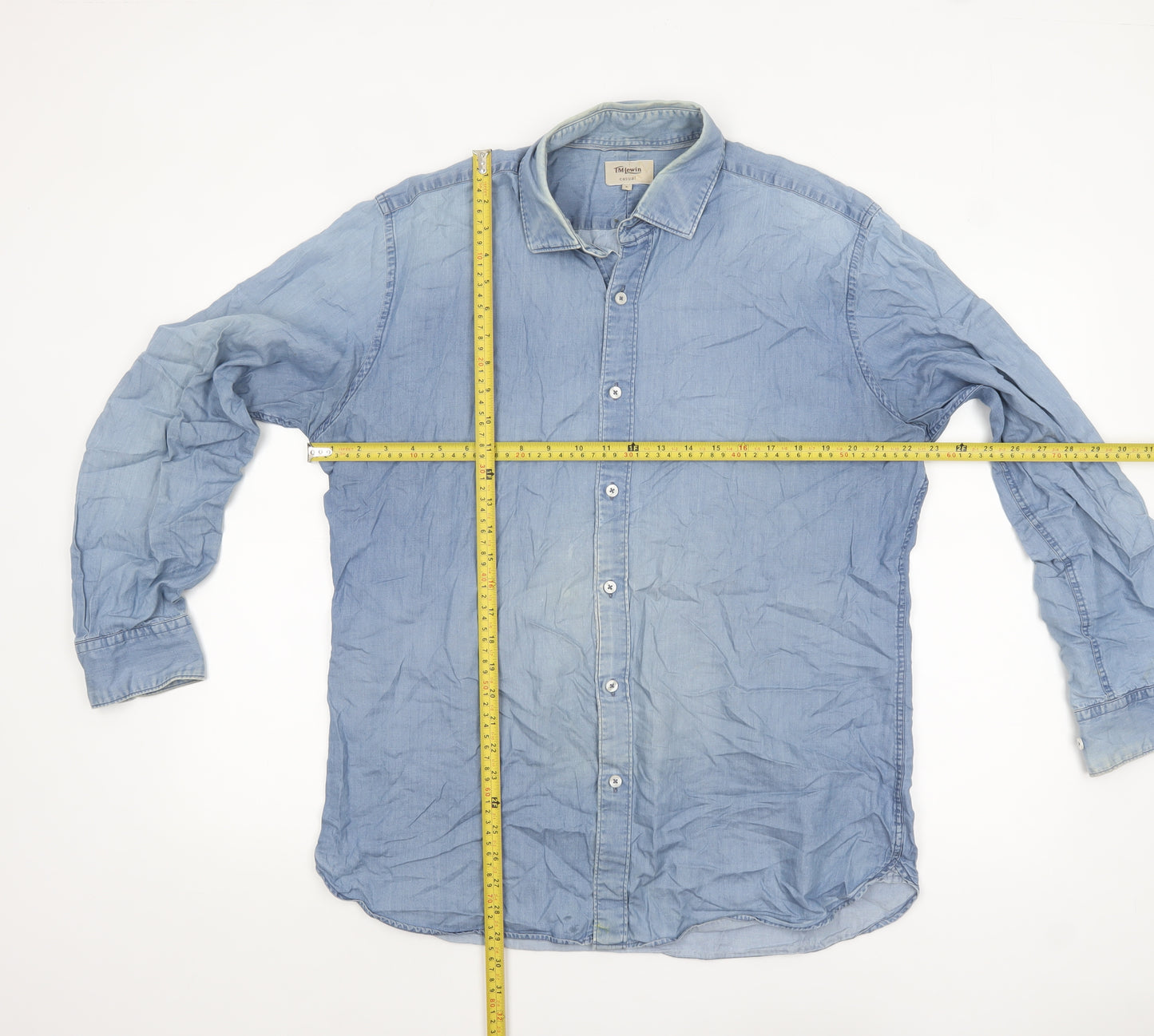 T.M.Lewin Men's Blue Denim Cotton Long Sleeve Casual Shirt L