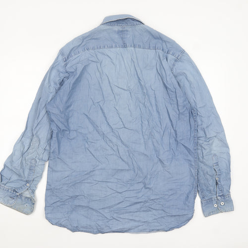 T.M.Lewin Men's Blue Denim Cotton Long Sleeve Casual Shirt L