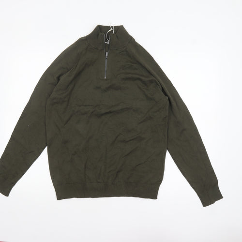 Marks and Spencer Men's Green 1/2 Zip High Neck Cotton Jumper M