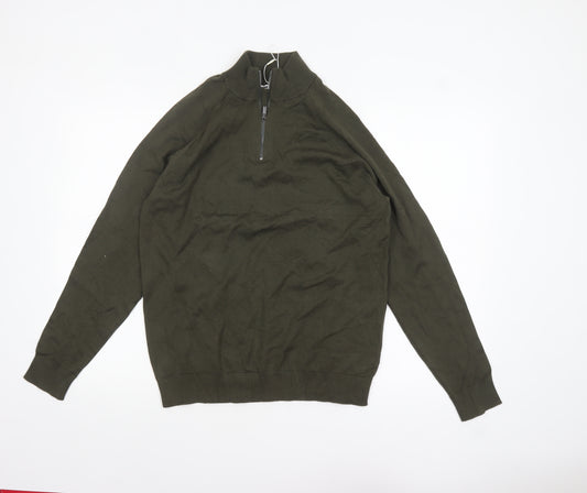 Marks and Spencer Men's Green 1/2 Zip High Neck Cotton Jumper M