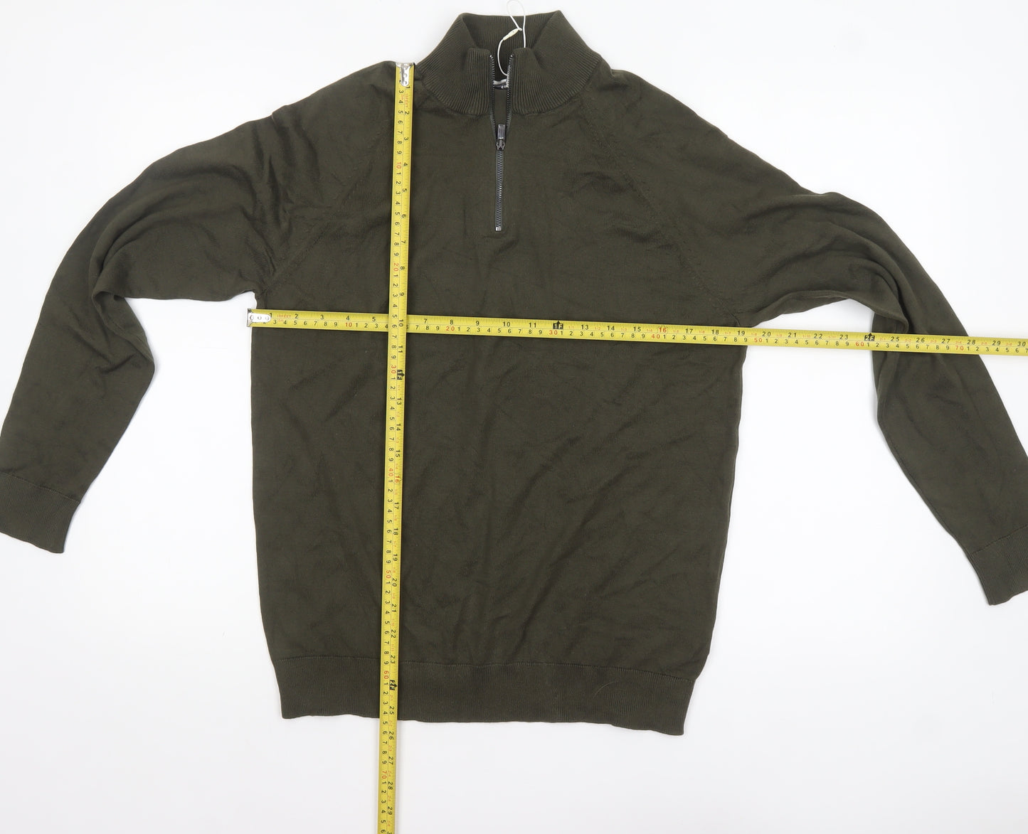 Marks and Spencer Men's Green 1/2 Zip High Neck Cotton Jumper M