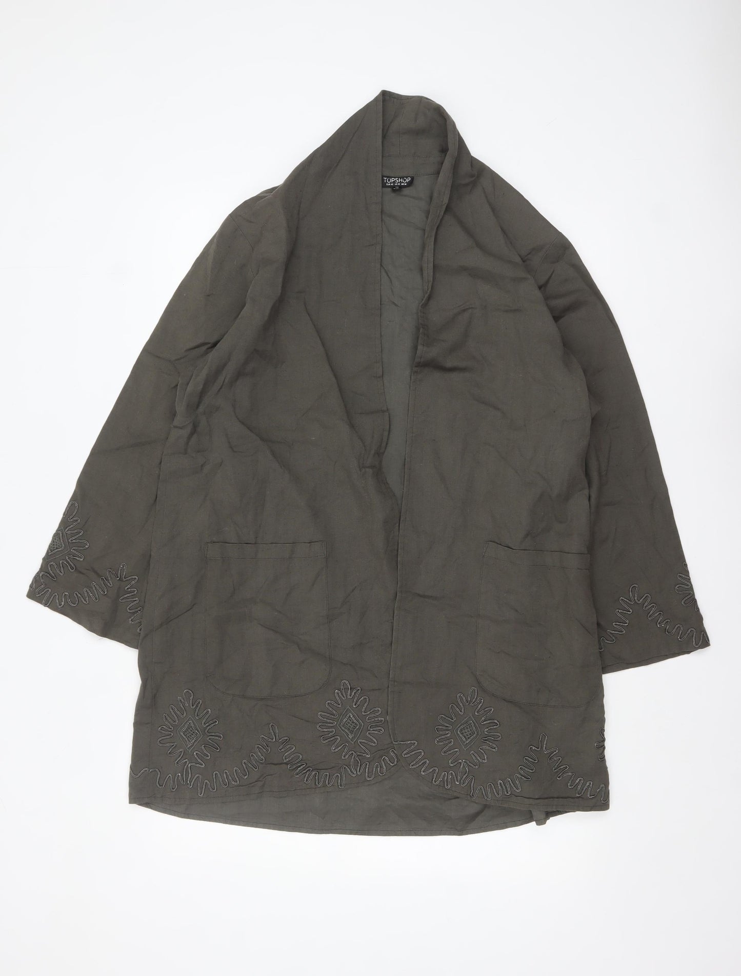 Topshop Women’s Green Embroidered Cotton Kimono Coatigan Size 14