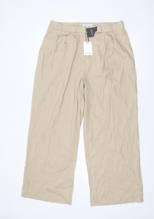 Marks and Spencer Women Beige Linen Blend Wide-Leg Trousers Size 16