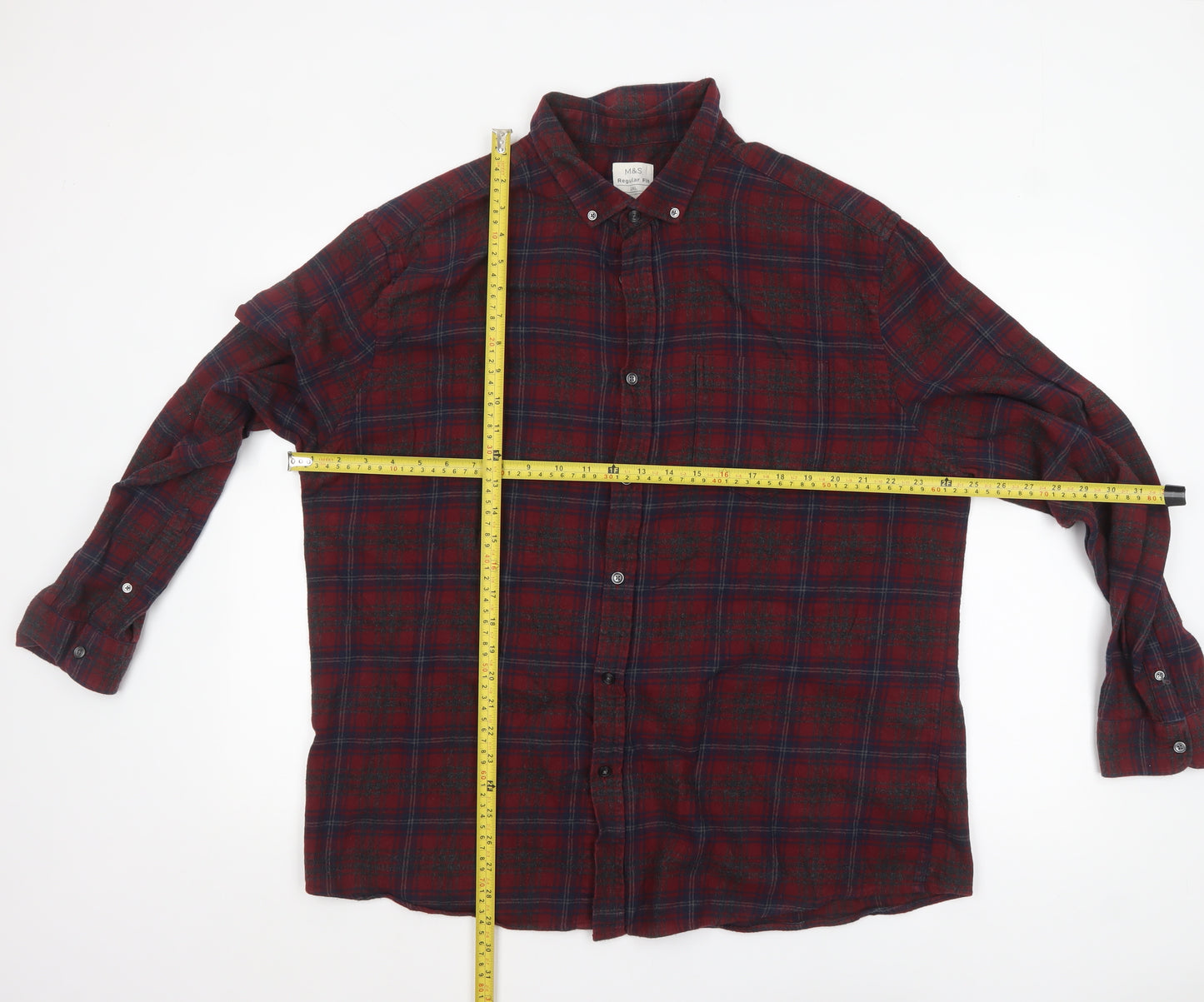 Marks and Spencer Men’s Red Check Flannel Button-Up Shirt 2XL Regular Fit