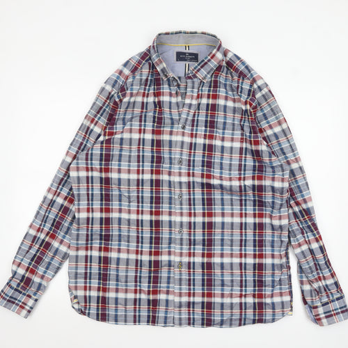 Marks and Spencer Blue Harbour Men's Red Blue Check Cotton Long Sleeve Shirt L
