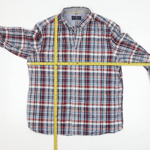 Marks and Spencer Blue Harbour Men's Red Blue Check Cotton Long Sleeve Shirt L