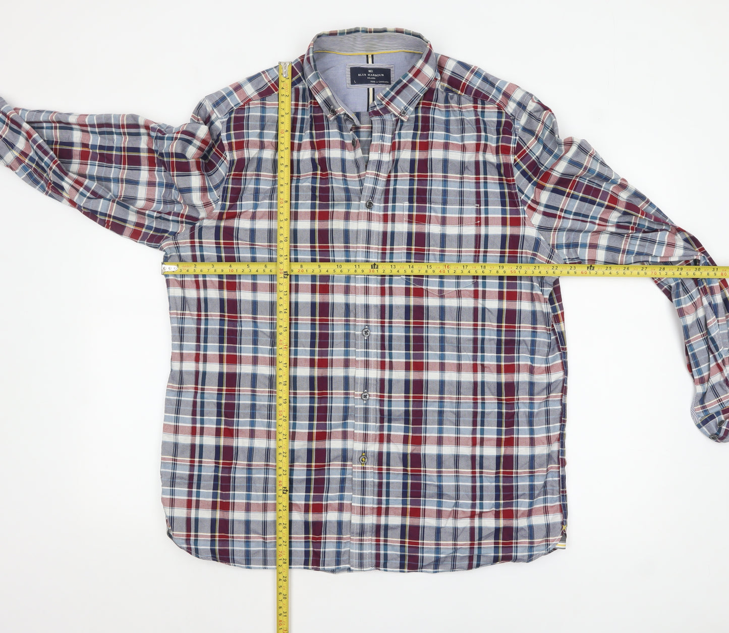 Marks and Spencer Blue Harbour Men's Red Blue Check Cotton Long Sleeve Shirt L