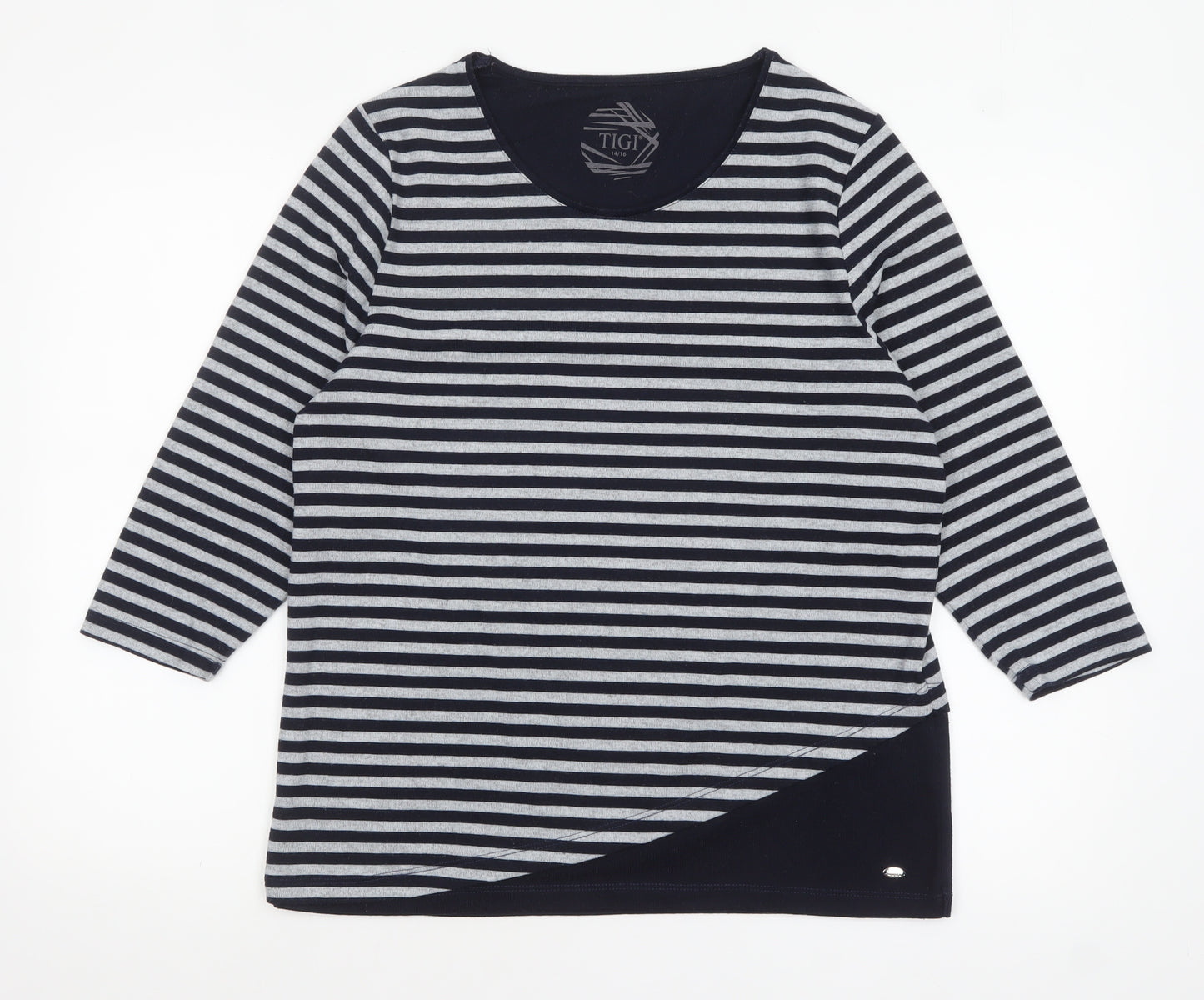 TIGI Womens Blue Striped 3/4 Sleeve Jersey Top Size 14/16