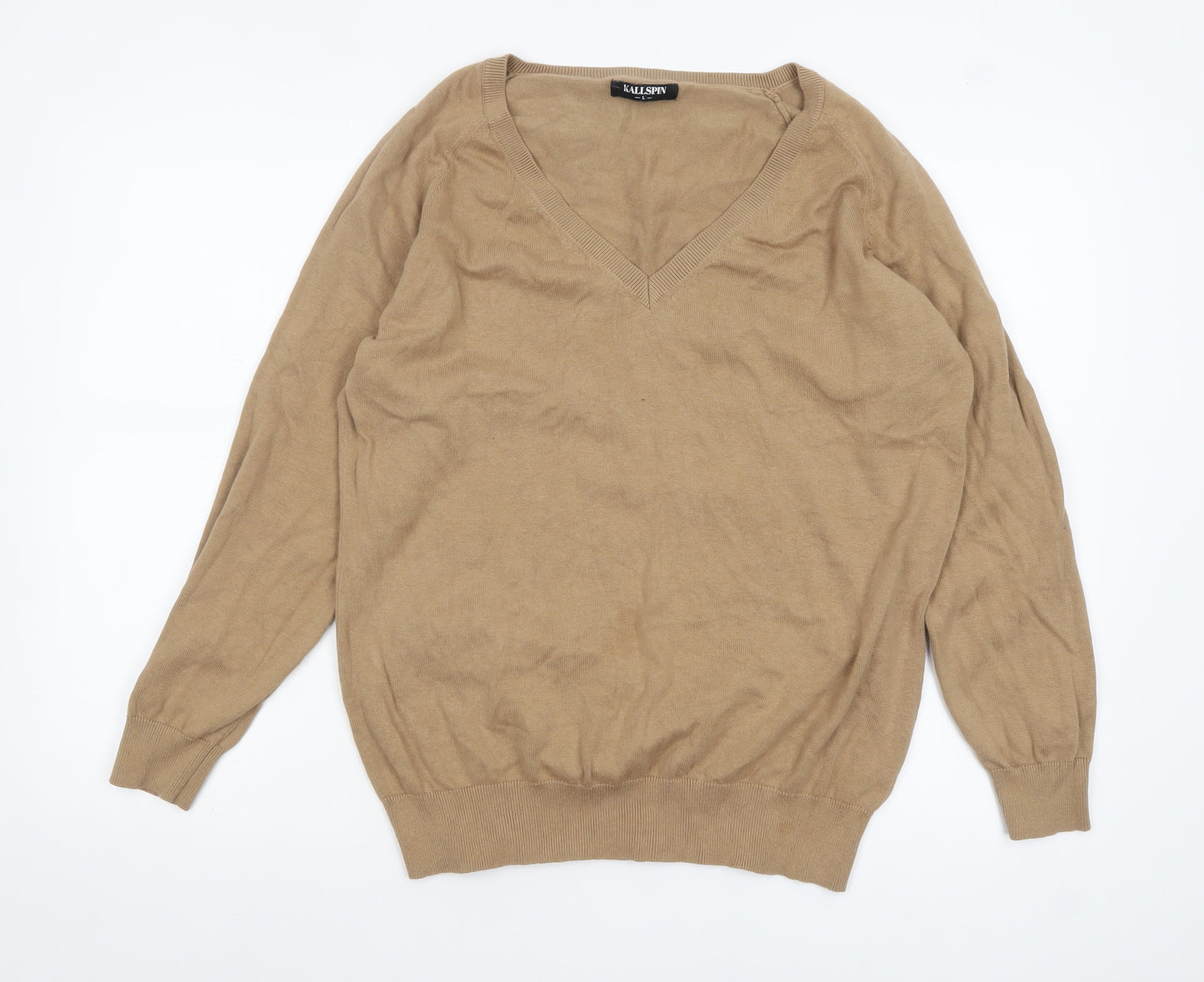 Kallspin Men’s Beige Cotton V-Neck Pullover Jumper Size L