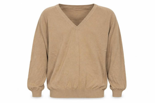 Front view of Kallspin Men’s Beige Cotton V-Neck jumper, size L