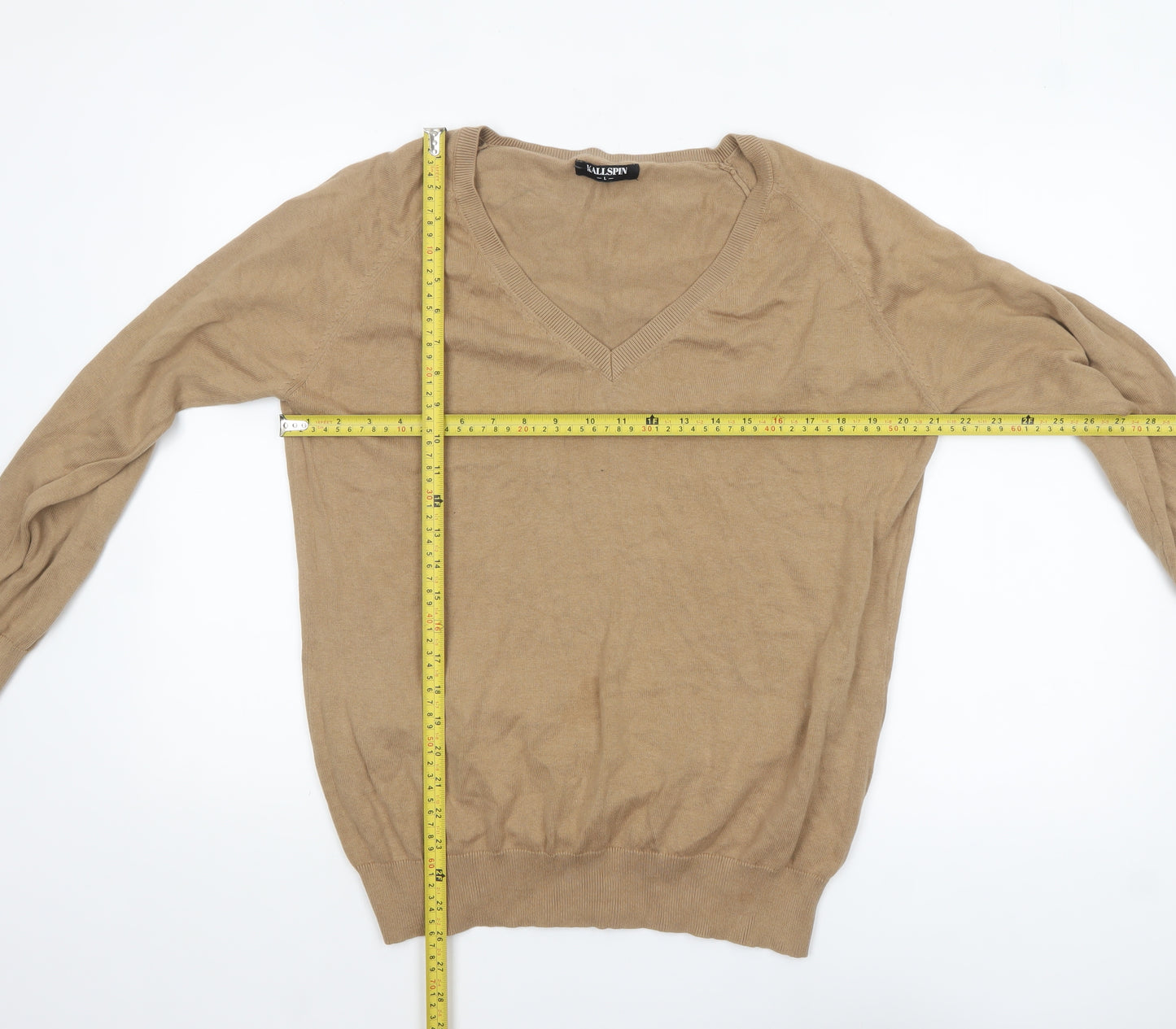 Kallspin Men’s Beige Cotton V-Neck Pullover Jumper Size L