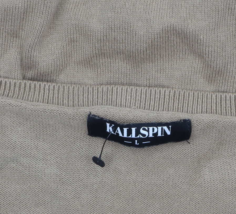 Kallspin Men’s Beige Cotton V-Neck Pullover Jumper Size L