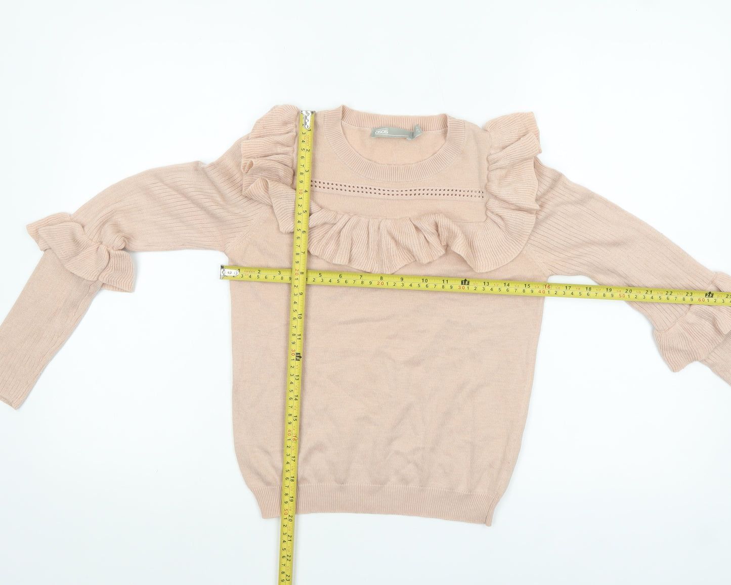 ASOS Women Beige Ruffle Crew Neck Knit Jumper Size 4
