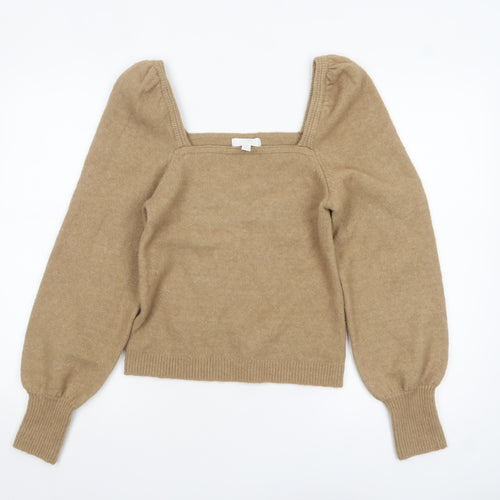 H&M Women Beige Square Neck Wool Blend Puff Sleeve Jumper Size S