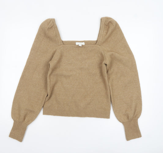 H&M Women Beige Square Neck Wool Blend Puff Sleeve Jumper Size S