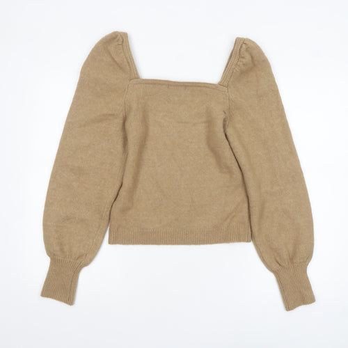 H&M Women Beige Square Neck Wool Blend Puff Sleeve Jumper Size S