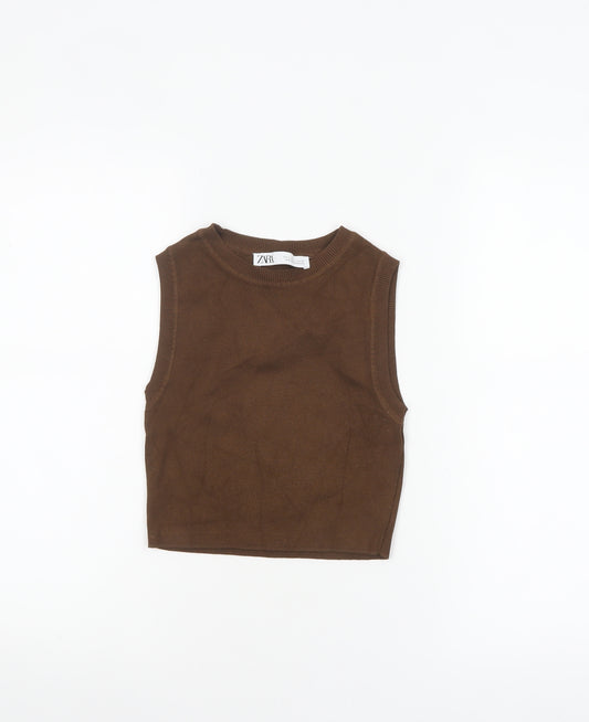 Zara Women Brown Cropped Sleeveless Knit Tank Top Size S