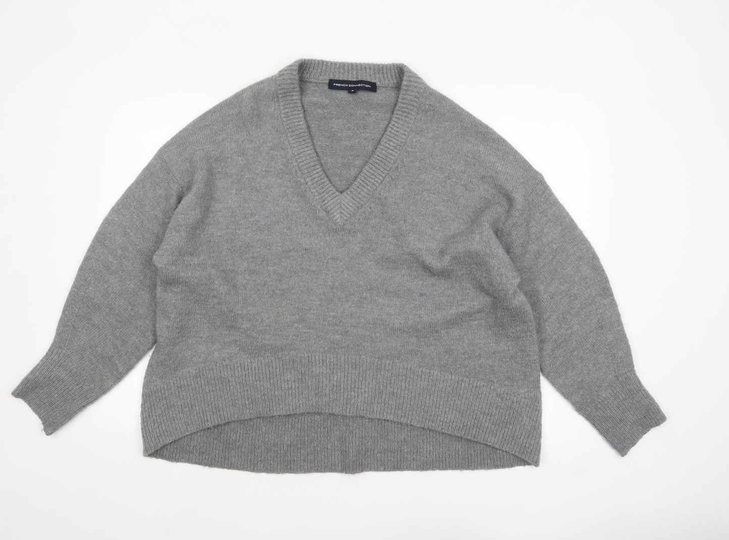 French Connection Womens Grey V-Neck Relaxed Knit Jumper Size M