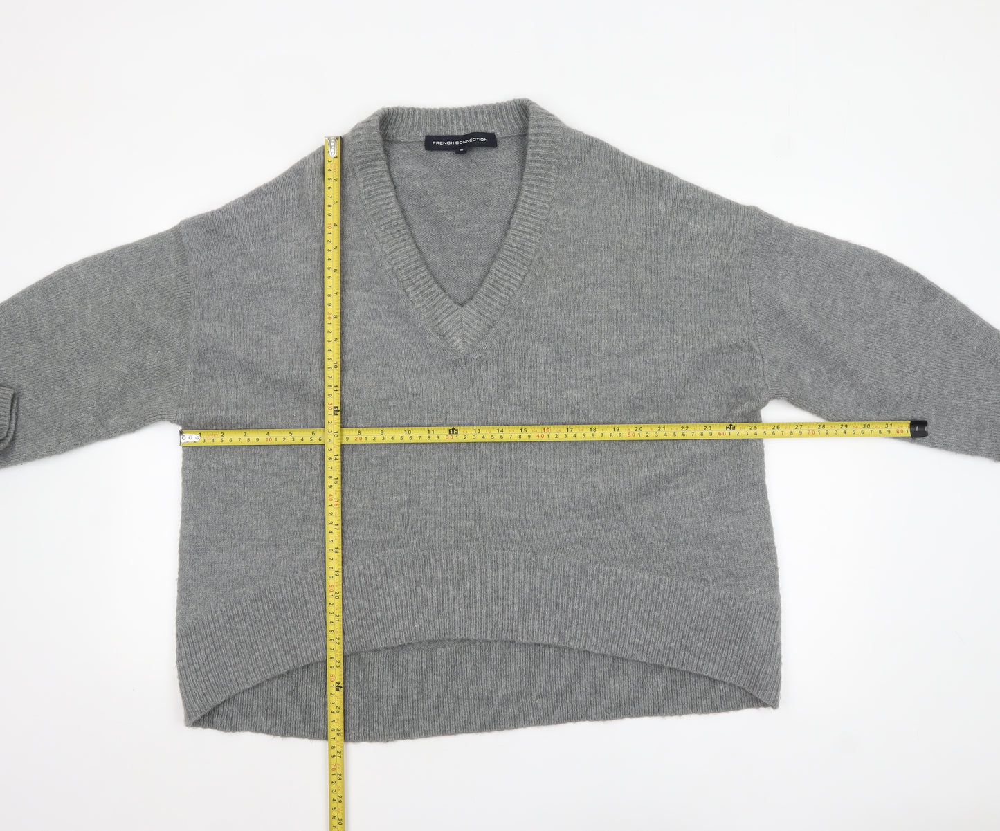 French Connection Womens Grey V-Neck Relaxed Knit Jumper Size M