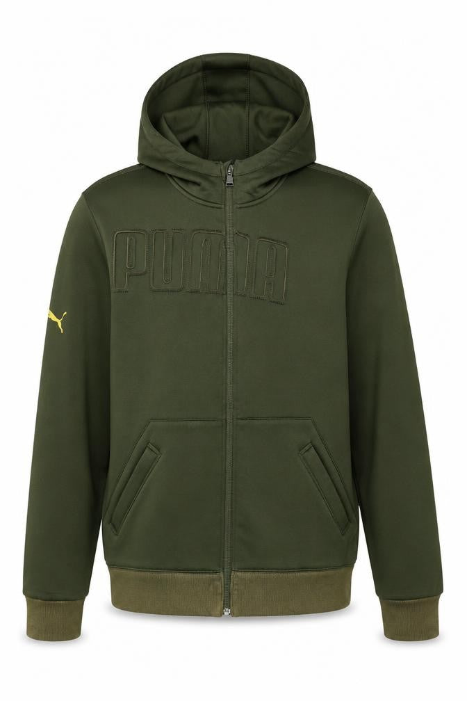 Front view of Puma Men’s Green Full Zip Hoodie, size M, Regular Fit