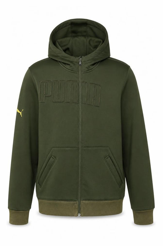 Front view of Puma Men’s Green Full Zip Hoodie, size M, Regular Fit