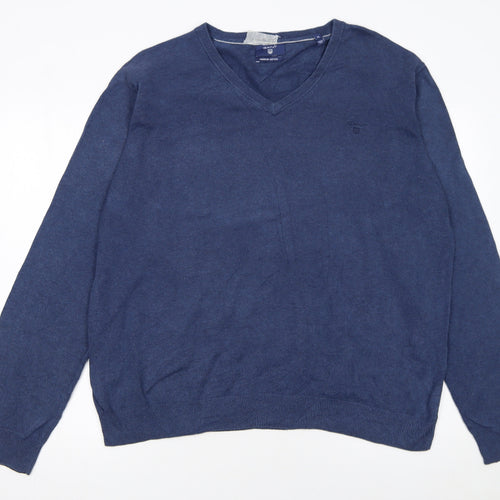 Gant Men's Blue XL V-Neck Cotton Pullover Jumper