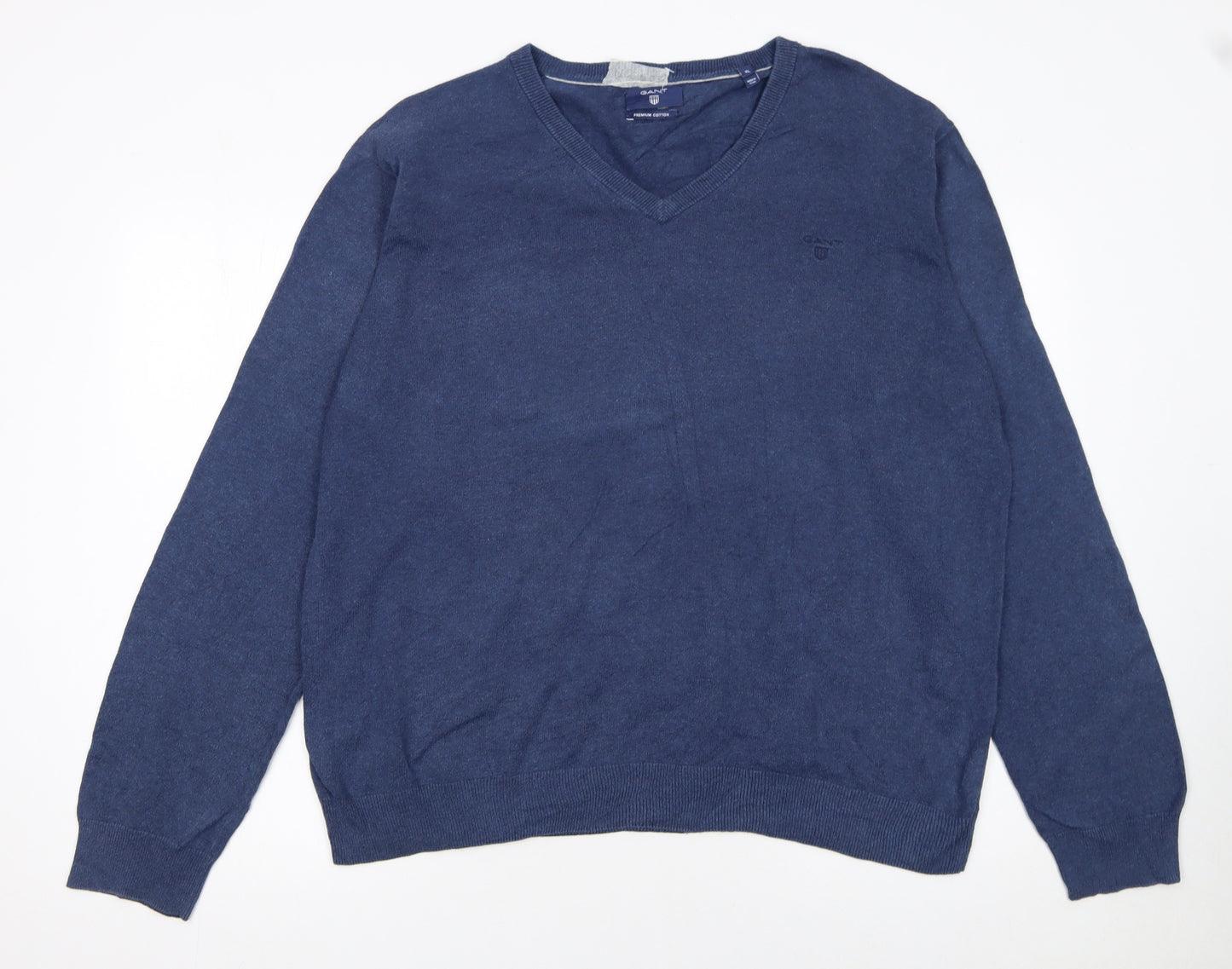 Gant Men's Blue XL V-Neck Cotton Pullover Jumper