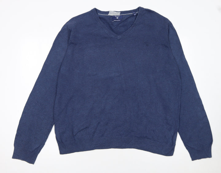 Gant Men's Blue XL V-Neck Cotton Pullover Jumper