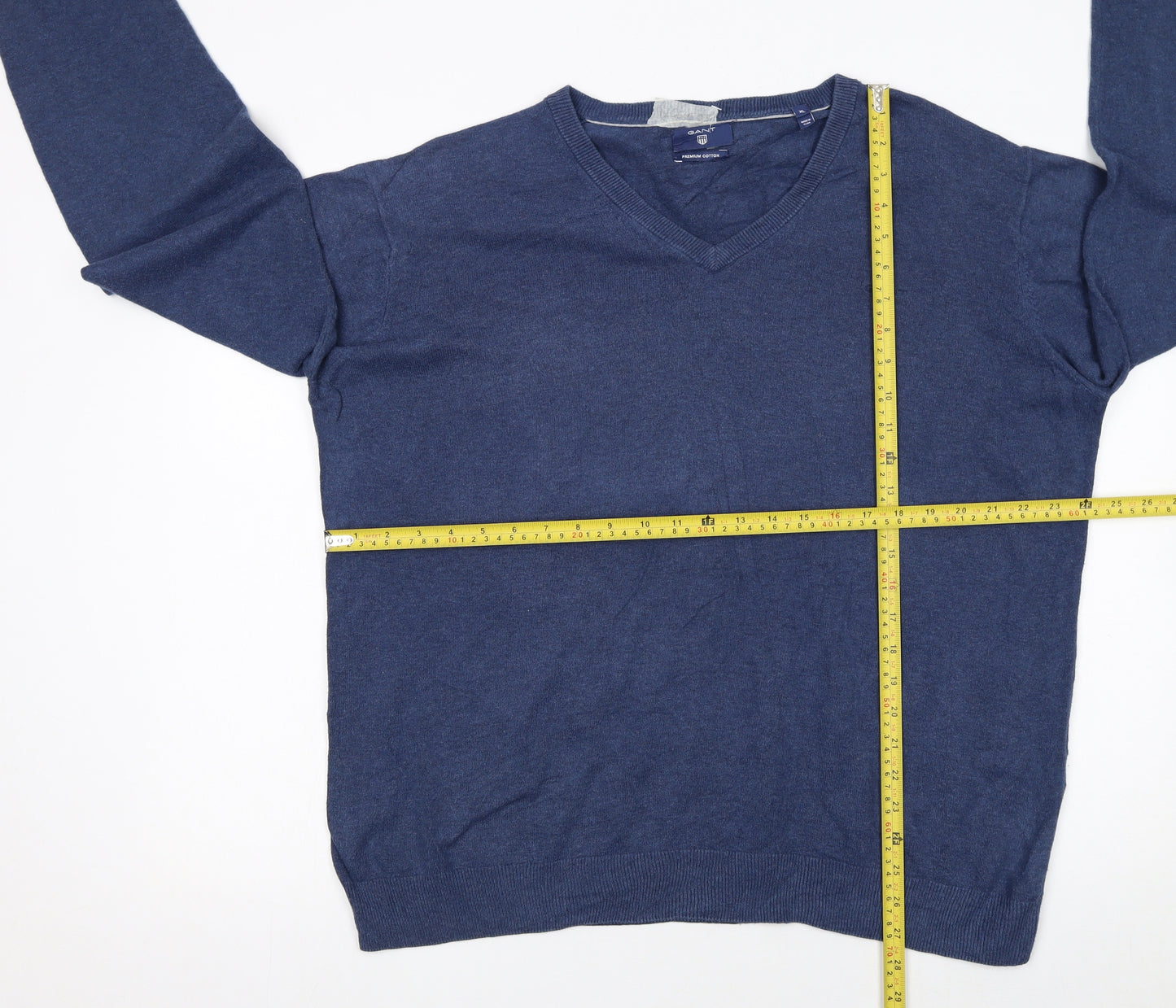 Gant Men's Blue XL V-Neck Cotton Pullover Jumper