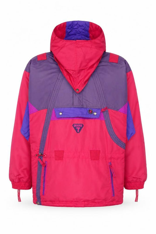 Front view of Degre 7 Women's Pink Purple Anorak Ski Jacket, size 10, Hooded Retro