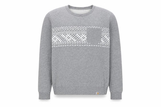 Front view of Carhartt Men’s Grey Fair Isle Crew Neck Sweatshirt, size M