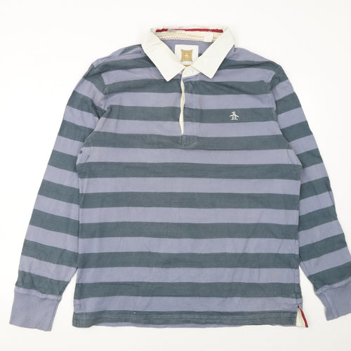 Original Penguin Men's Blue Striped Long Sleeve Polo Shirt 2XL Cotton
