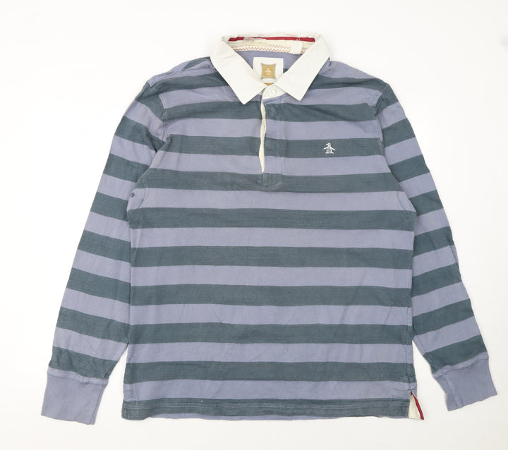 Original Penguin Men's Blue Striped Long Sleeve Polo Shirt 2XL Cotton