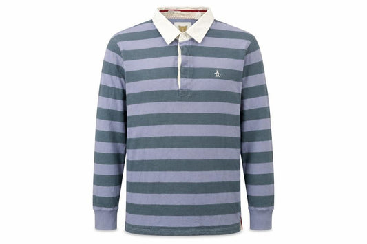 Front view of Original Penguin Men's Blue Striped Long Sleeve Polo Shirt 2XL Cotton