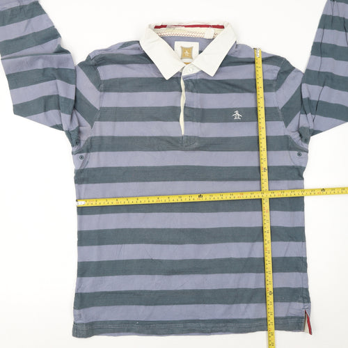 Original Penguin Men's Blue Striped Long Sleeve Polo Shirt 2XL Cotton