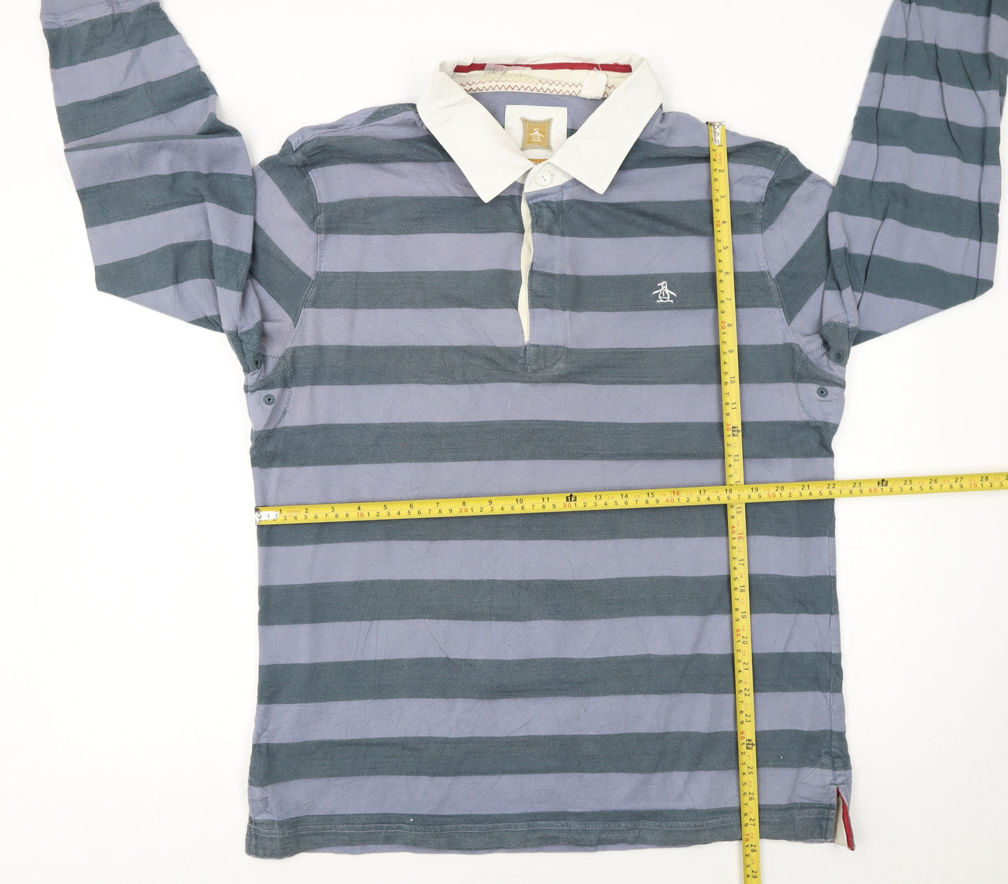 Original Penguin Men's Blue Striped Long Sleeve Polo Shirt 2XL Cotton