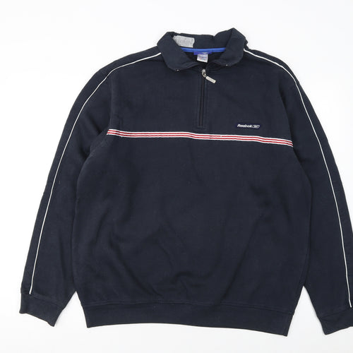Reebok Men's Blue L 1/4 Zip Henley Sweatshirt Striped Logo Sportswear