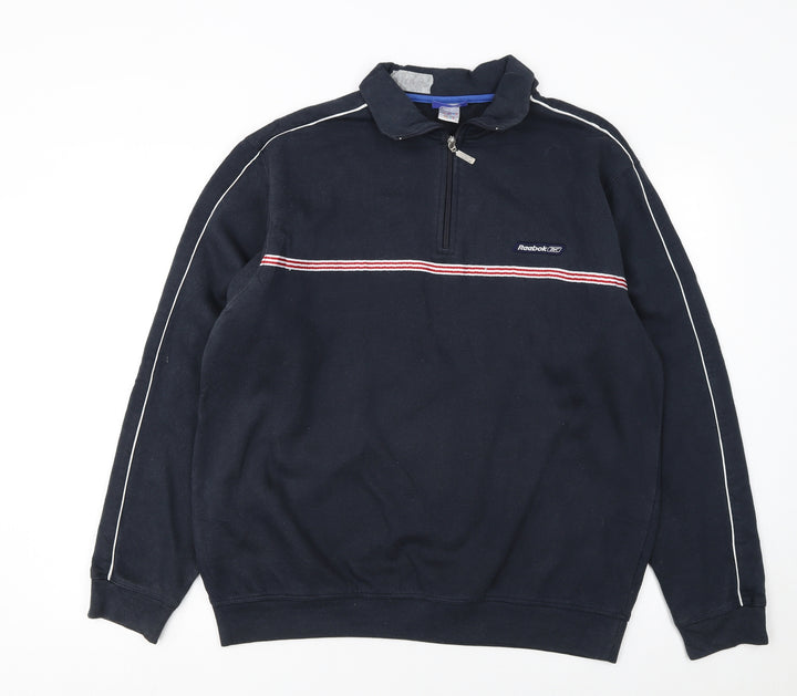 Reebok Men's Blue L 1/4 Zip Henley Sweatshirt Striped Logo Sportswear