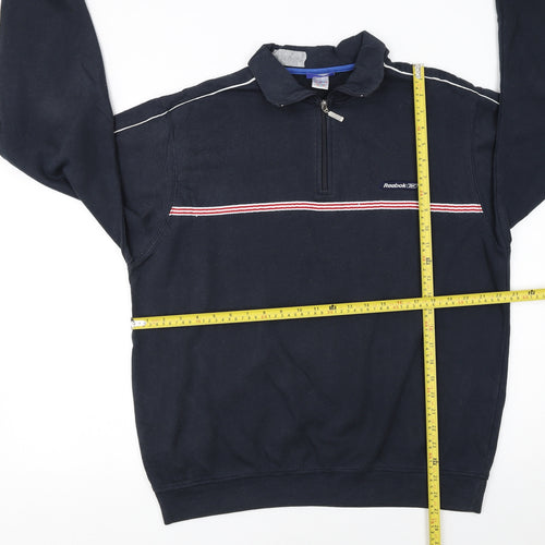 Reebok Men's Blue L 1/4 Zip Henley Sweatshirt Striped Logo Sportswear