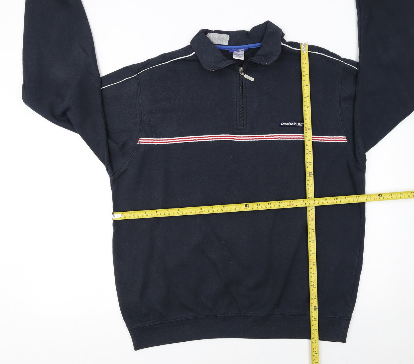Reebok Men's Blue L 1/4 Zip Henley Sweatshirt Striped Logo Sportswear