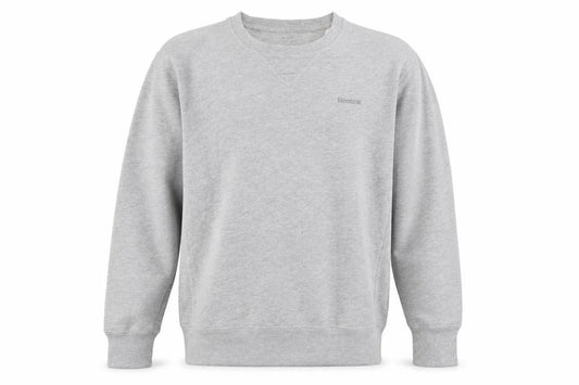 Front view of Reebok men’s grey pullover crew neck sweatshirt, size M