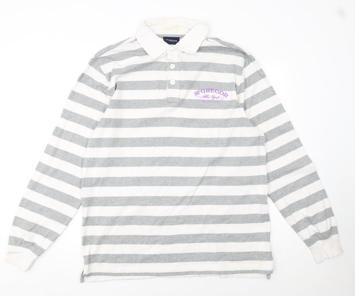 McGregor Men's Grey White Striped Long Sleeve Polo Shirt L