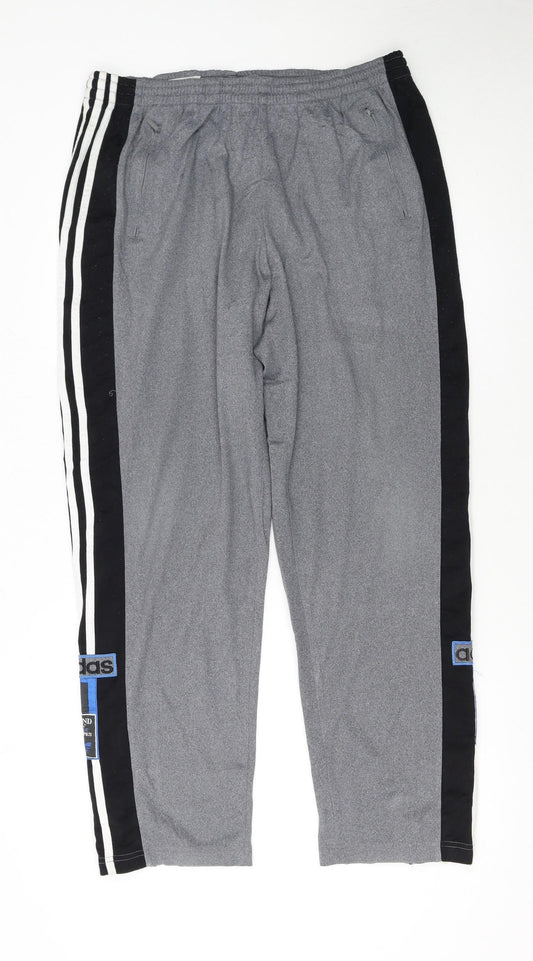 adidas Mens Grey Track Pants L Elastic Waist Snap Side Stripe