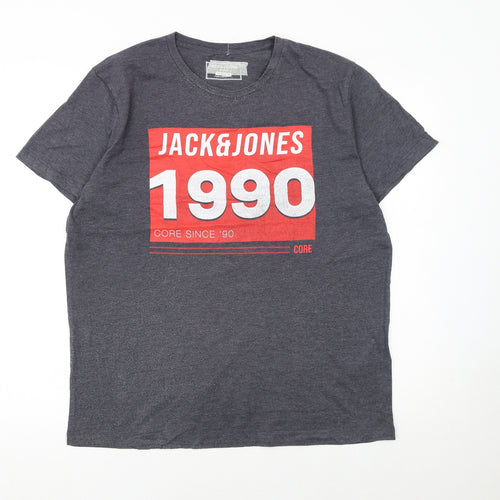 Jack & Jones Men's Grey 1990 Retro Graphic Crew Neck T-Shirt L Regular Fit