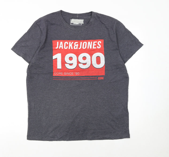 Jack & Jones Men's Grey 1990 Retro Graphic Crew Neck T-Shirt L Regular Fit