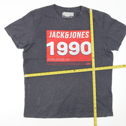Jack & Jones Men's Grey 1990 Retro Graphic Crew Neck T-Shirt L Regular Fit