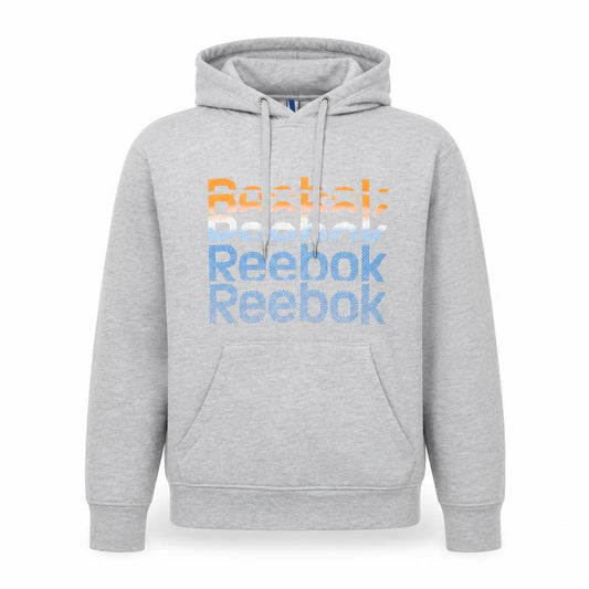 Front view of Reebok Men's Grey Pullover Hoodie M Logo Sports Fleece