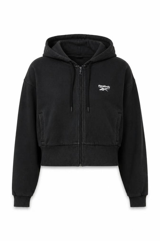 Front view of Reebok Women's Black Full Zip Hoodie Medium 12-14 Hooded Sweatshirt