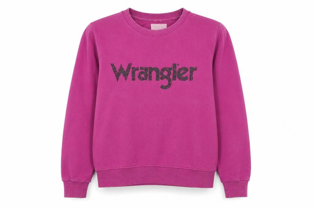 Front view of Wrangler women’s pink crew neck cotton pullover sweatshirt, size S